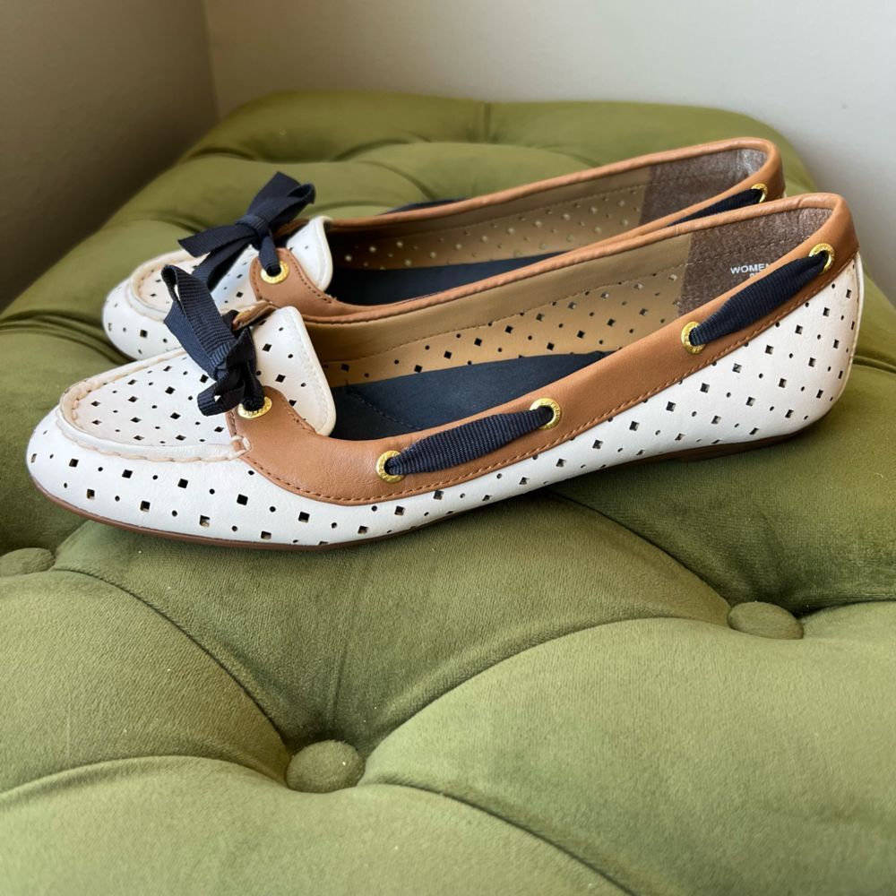 Sperry Top Sider Slip On Flat White Brown Navy Vegan Womens 8.5